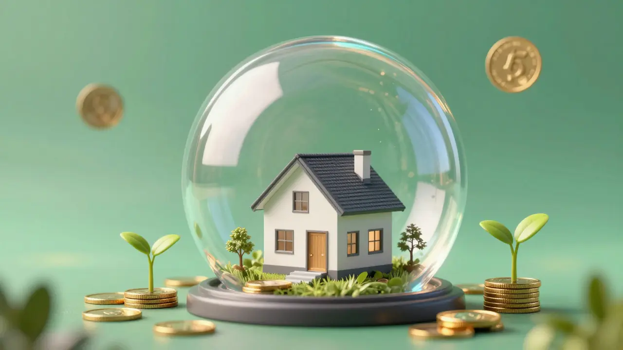 Modernes Haus unter einer schützenden Glaskuppel mit Goldmünzen als Symbol für Wertsteigerung.