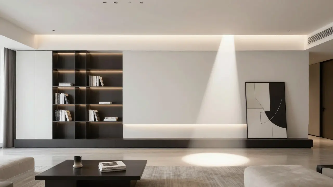 Modernes Wohnzimmer, das Grundbeleuchtung, Zonenlicht am Sessel und Akzentlicht im Regal zeigt.