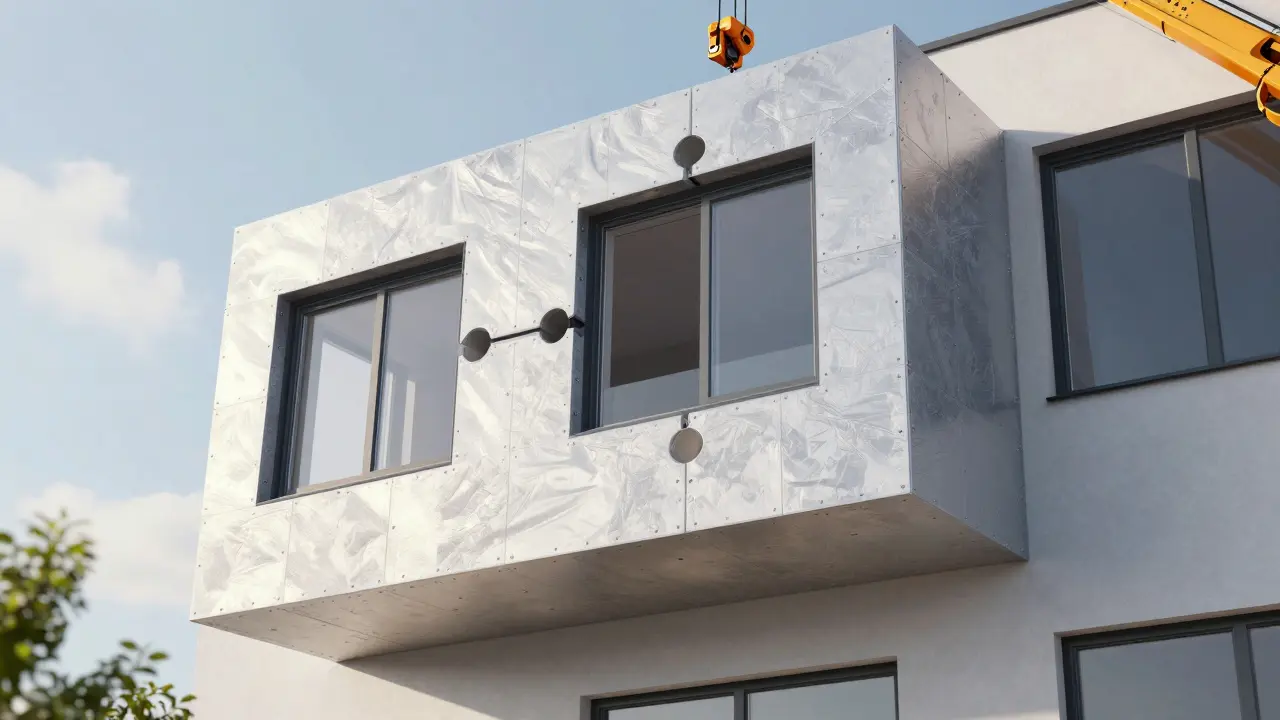 Montage eines vorgefertigten, hochpräzisen Dämmelements an einer Hausfassade.