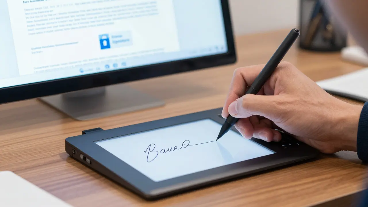 Nahaufnahme einer Person, die einen Immobilienvertrag auf einem digitalen Signaturpad unterzeichnet.