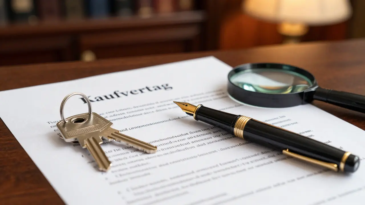 Nahaufnahme von Kaufvertrag, Hausschlüsseln und Lupe in einem Notarbüro.