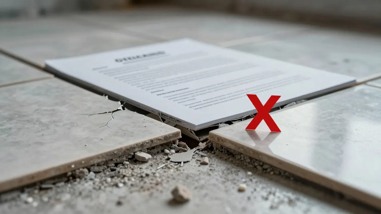 Nahaufnahme von Rissen in Fliesen aufgrund eines mangelhaften Untergrunds.