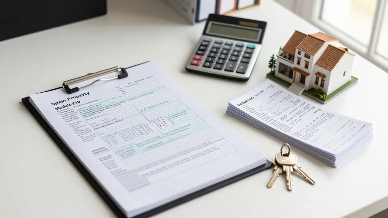 Organisierter Schreibtisch mit Steuerformularen Modell 210 und Belegen für eine spanische Immobilie.