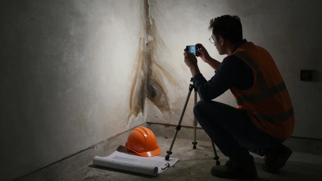 Person dokumentiert Bauschaden mit Smartphone und Stativ zur Beweissicherung