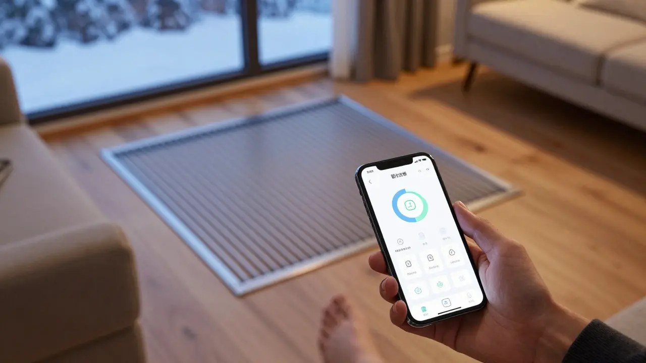 Person nutzt Smartphone-App zur Steuerung einer Fußbodenheizung im Wohnzimmer.