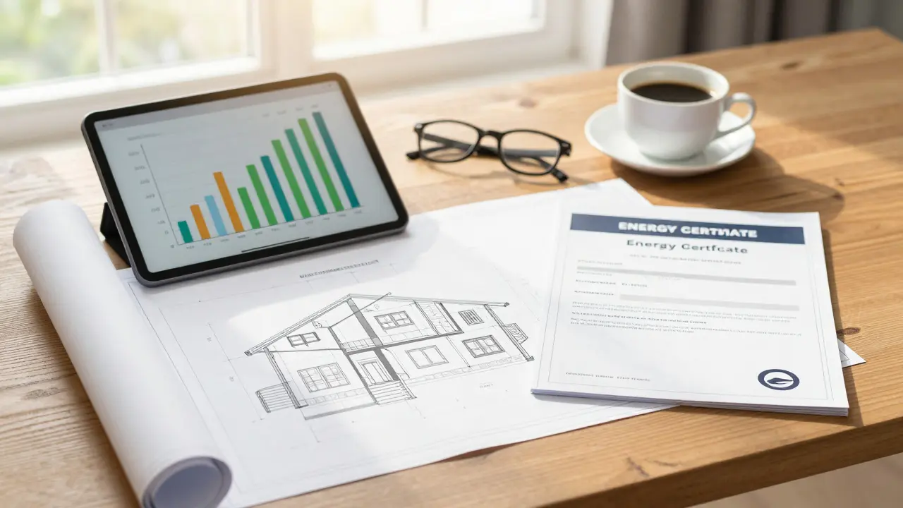 Planungsunterlagen für eine energetische Sanierung mit Bauplänen und Energieausweis.
