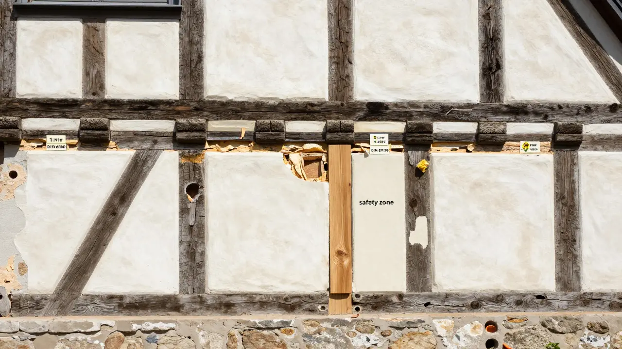 Schematische Darstellung einer Wandsanierung mit Sicherheitsabständen nach DIN 68800