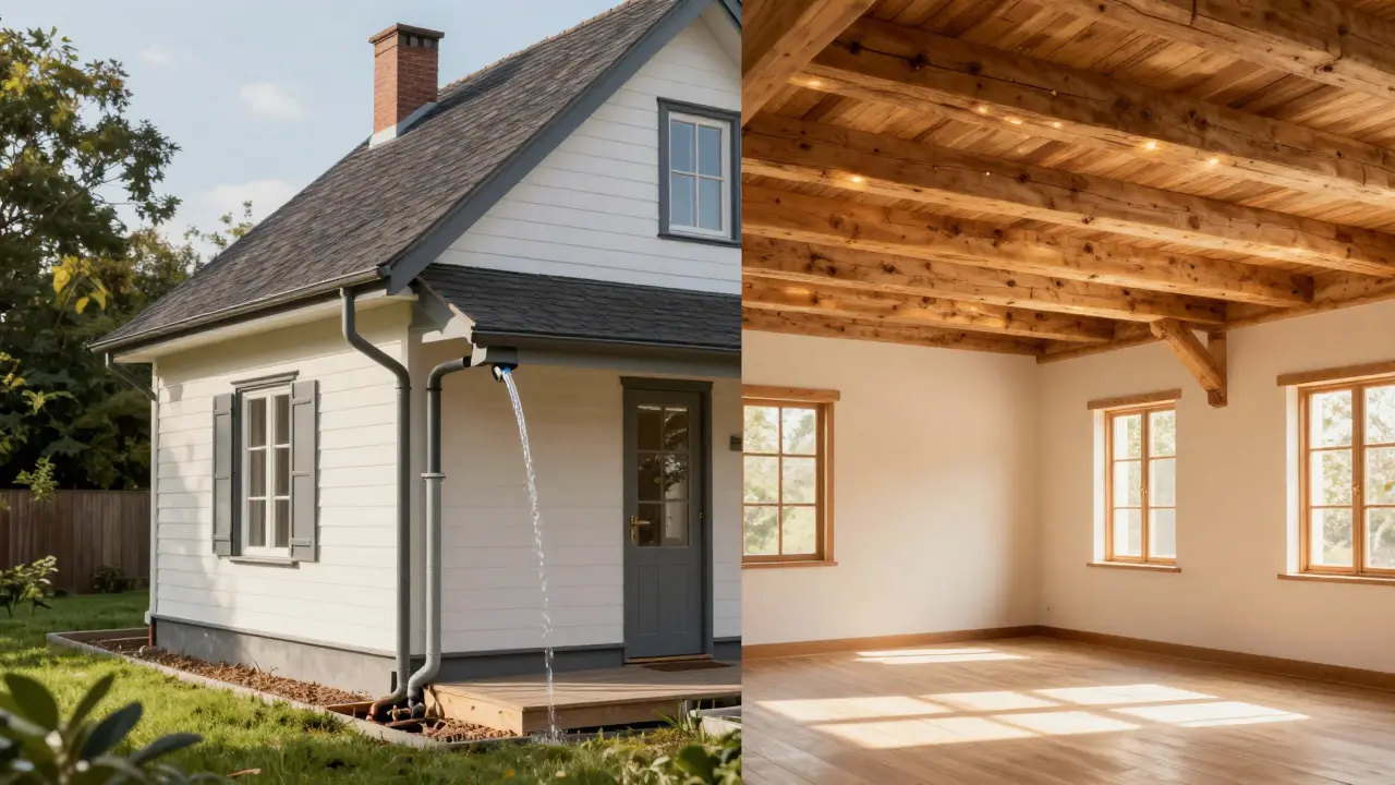 Vergleich zwischen einer effektiven Hausdrainage und einem trockenen, sanierten Innenraum