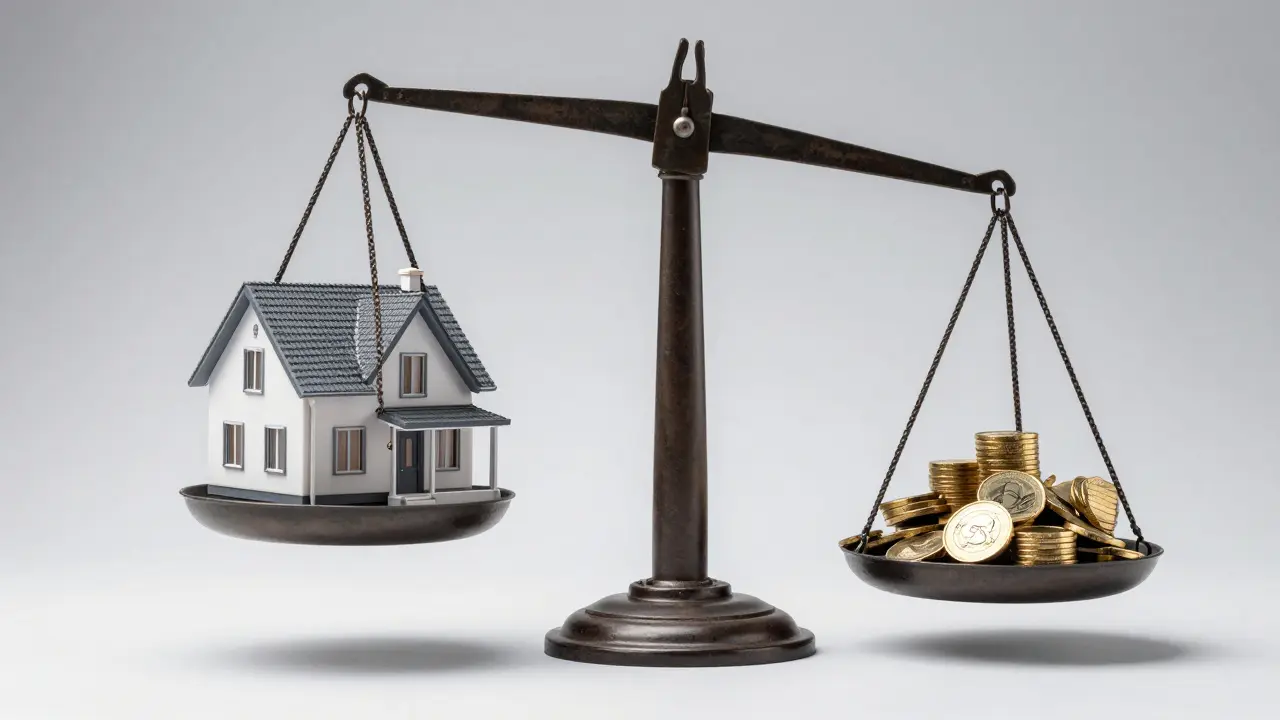 Waage mit Hausmodell und Geldstapeln als Symbol für Kaufnebenkosten.