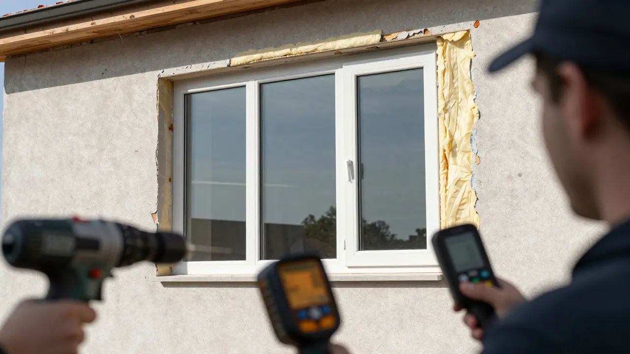 Detailansicht neuer Fenster und Dämmung an einer Fassade