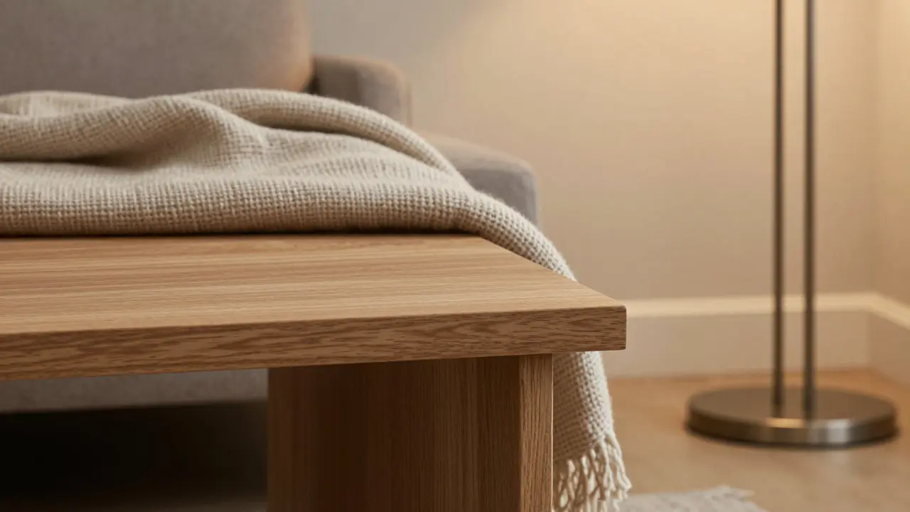Detailaufnahme von Holz-, Stoff- und Metalltexturen bei warmem Licht