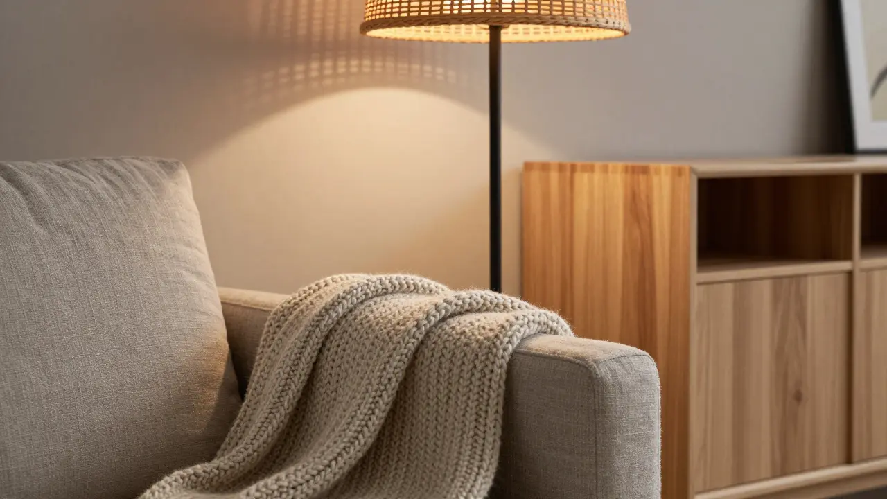 Detailaufnahme von Wolldecke, Rattanlampe und Holztextur im Japandi-Stil