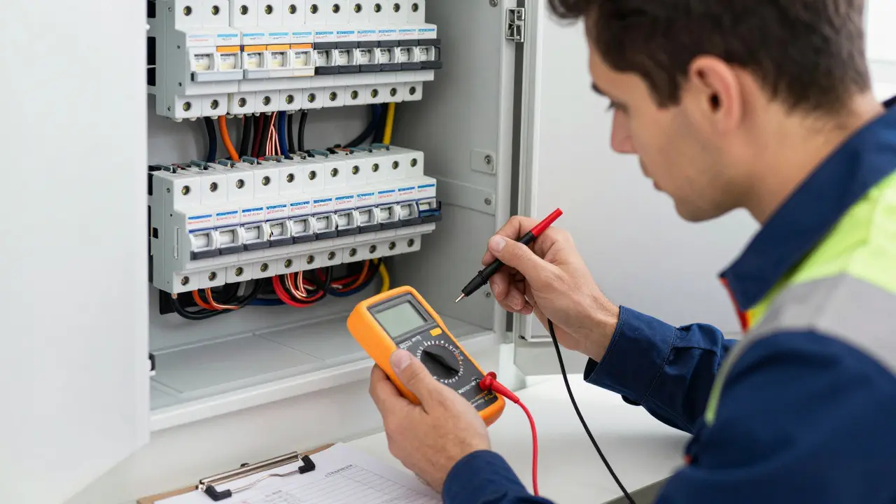 Elektriker prüft Stromkreis mit Messgerät
