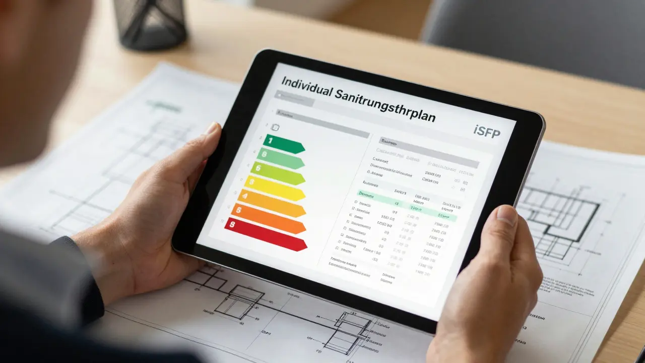 Energieberater mit Tablet und Sanierungsfahrplan auf dem Schreibtisch