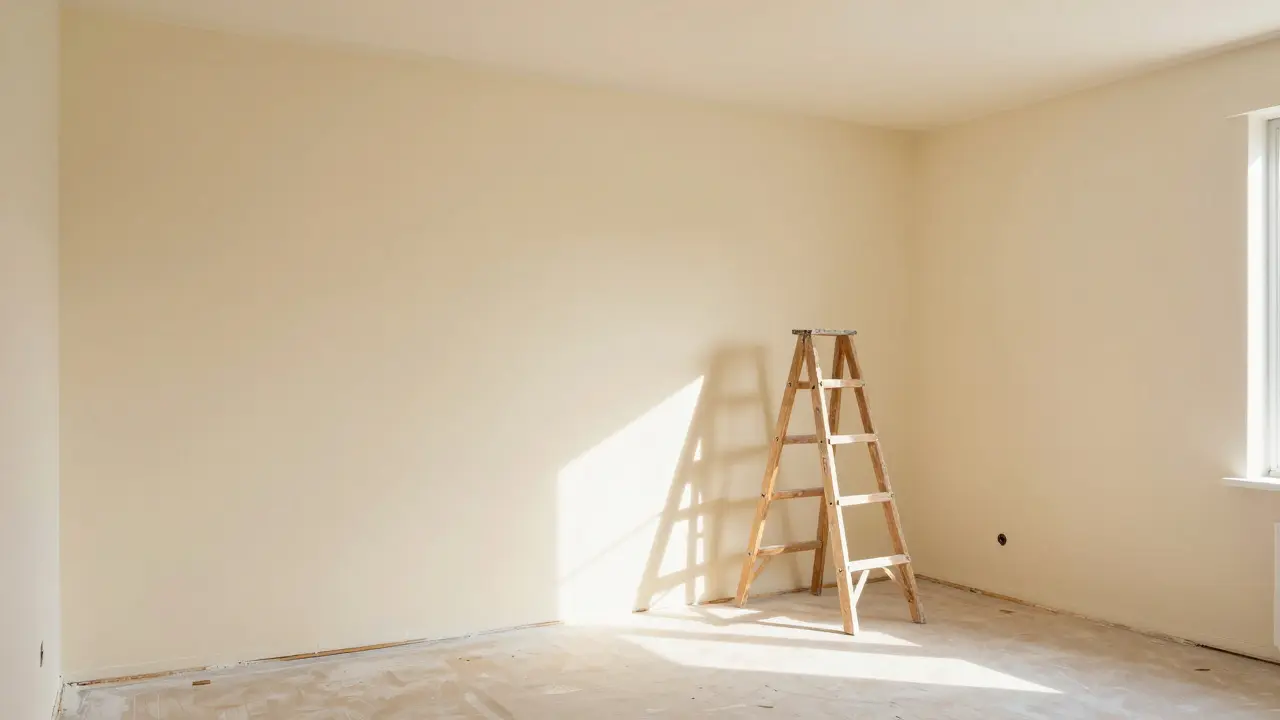 Fertig gestrichenes, sonnendurchflutetes Wohnzimmer