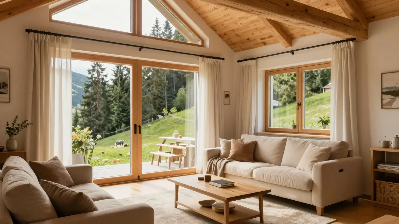 Gemütliches Wohnzimmer mit natürlicher Dämmung und Licht