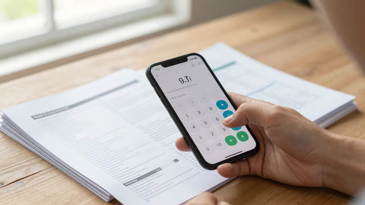 Hand mit Smartphone-Rechner neben Renovierungsunterlagen auf Tisch