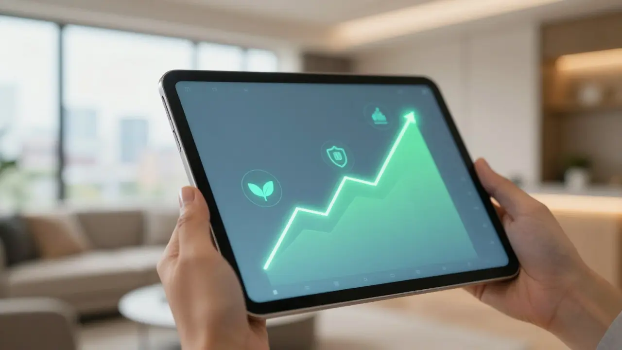 Hand mit Tablet zeigt abstrakte Markttrends und Energieeffizienz-Symbole