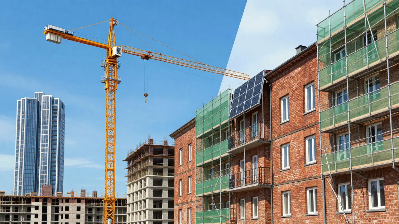 Kontrast zwischen Neubau im Westen und Sanierung im Osten Deutschlands