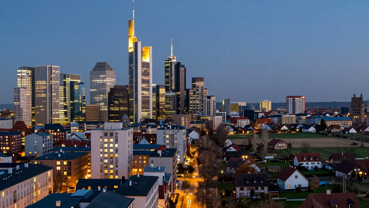 Kontrast zwischen städtischer Hochhauslandschaft und ländlicher Umgebung