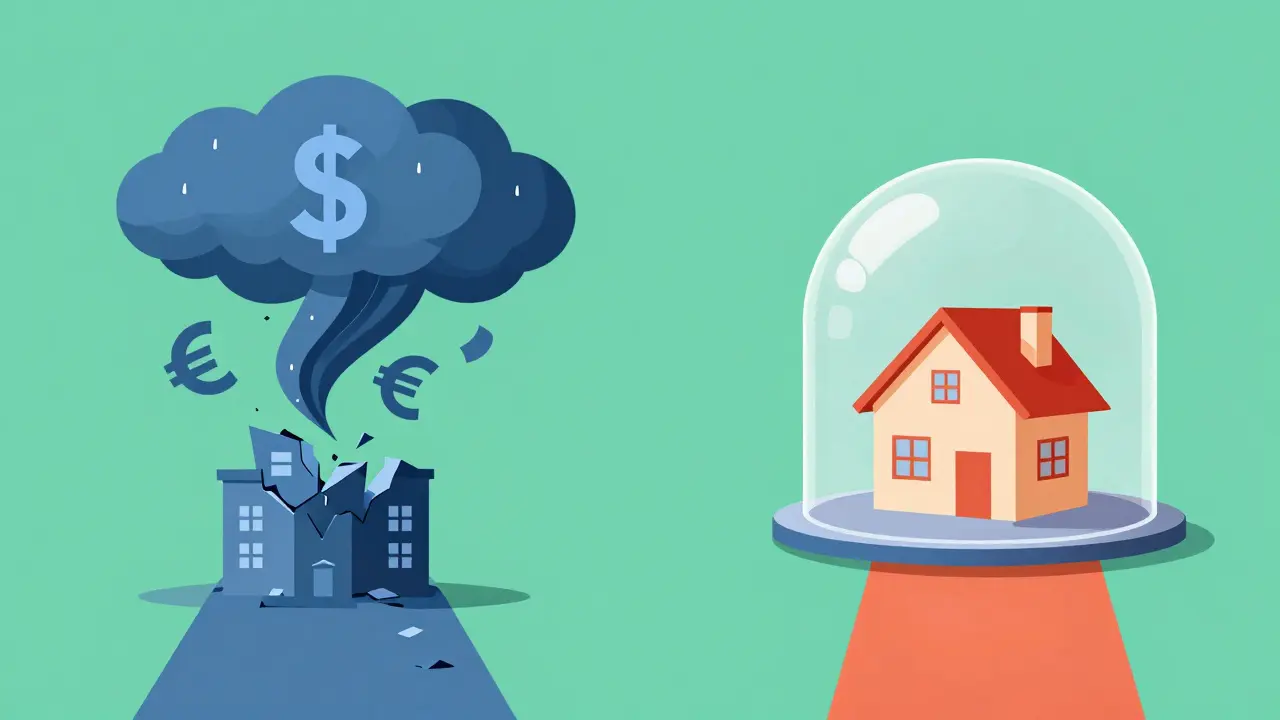 Konzeptionelle Darstellung: Gesicherte vs. ungesicherte Immobilieninvestition mit Währungsrisiko