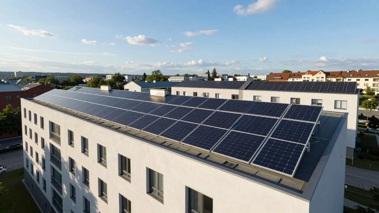 Mehrfamilienhaus mit ausgedehnten Photovoltaik-Modulen auf dem Flachdach