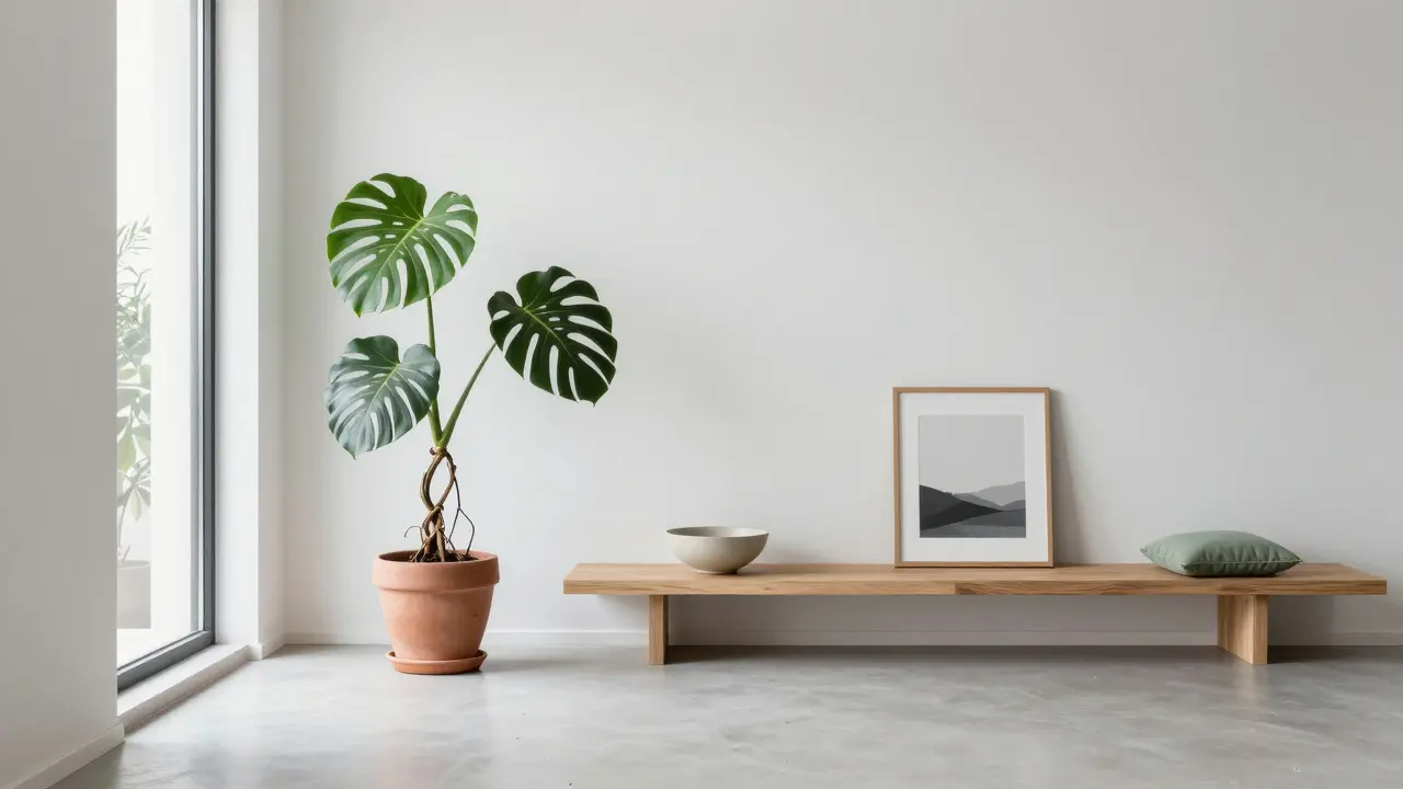 Minimalistisches Wohnzimmer mit Monstera-Pflanze und neutraler Farbpalette