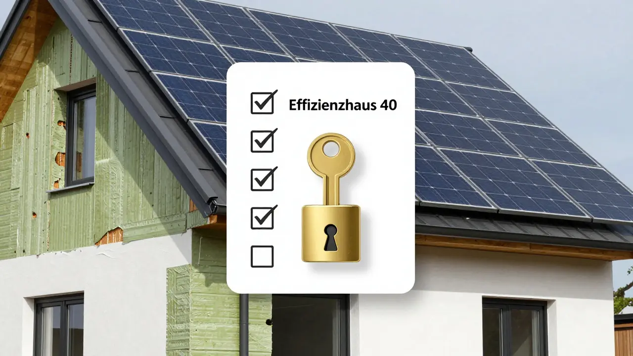 Moderne energieeffiziente Fassade mit Symbol für strenge Förderkriterien