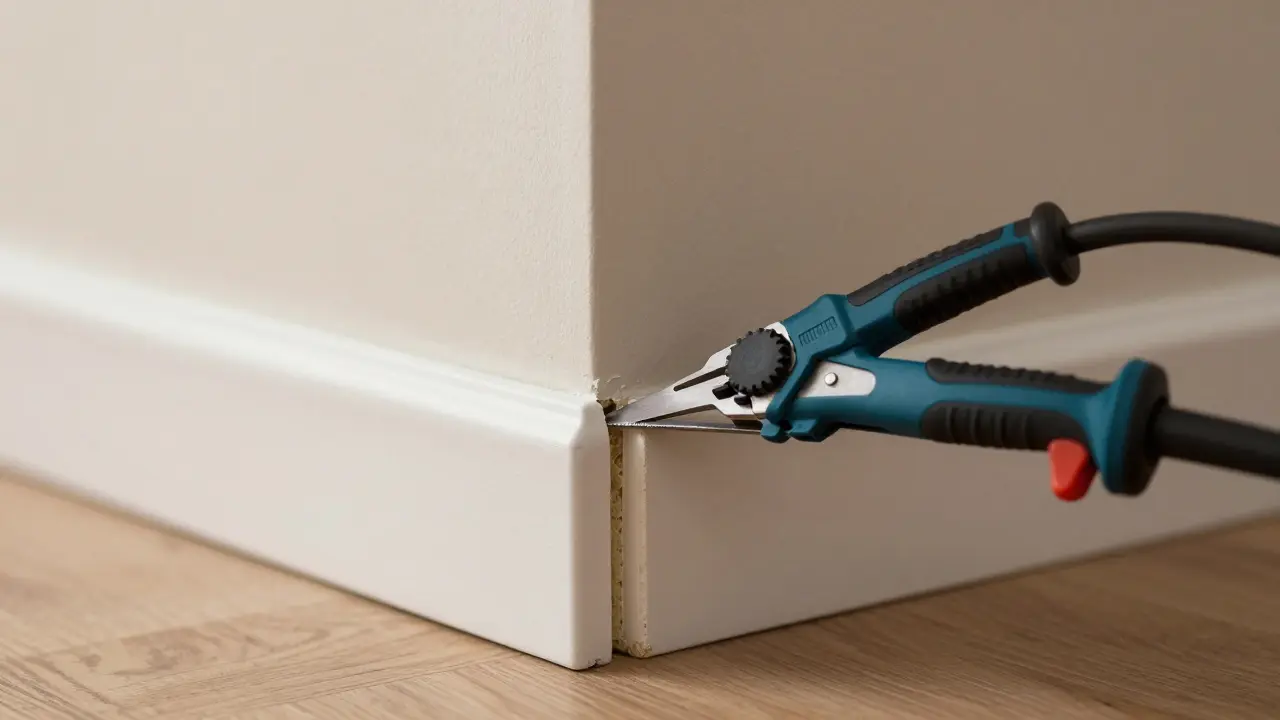 Multitool trimmt feinfühlig eine Türleiste an der Wand
