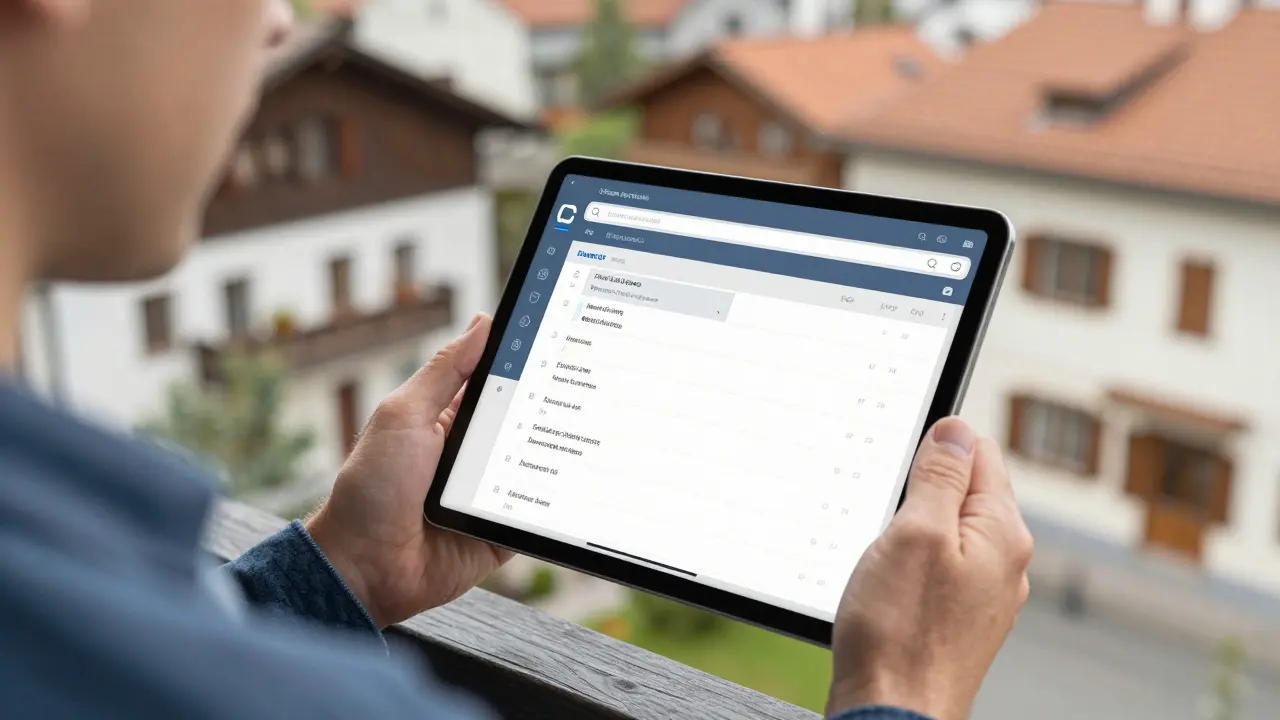 Person prüft Versicherungscheckliste auf Tablet vor Haus