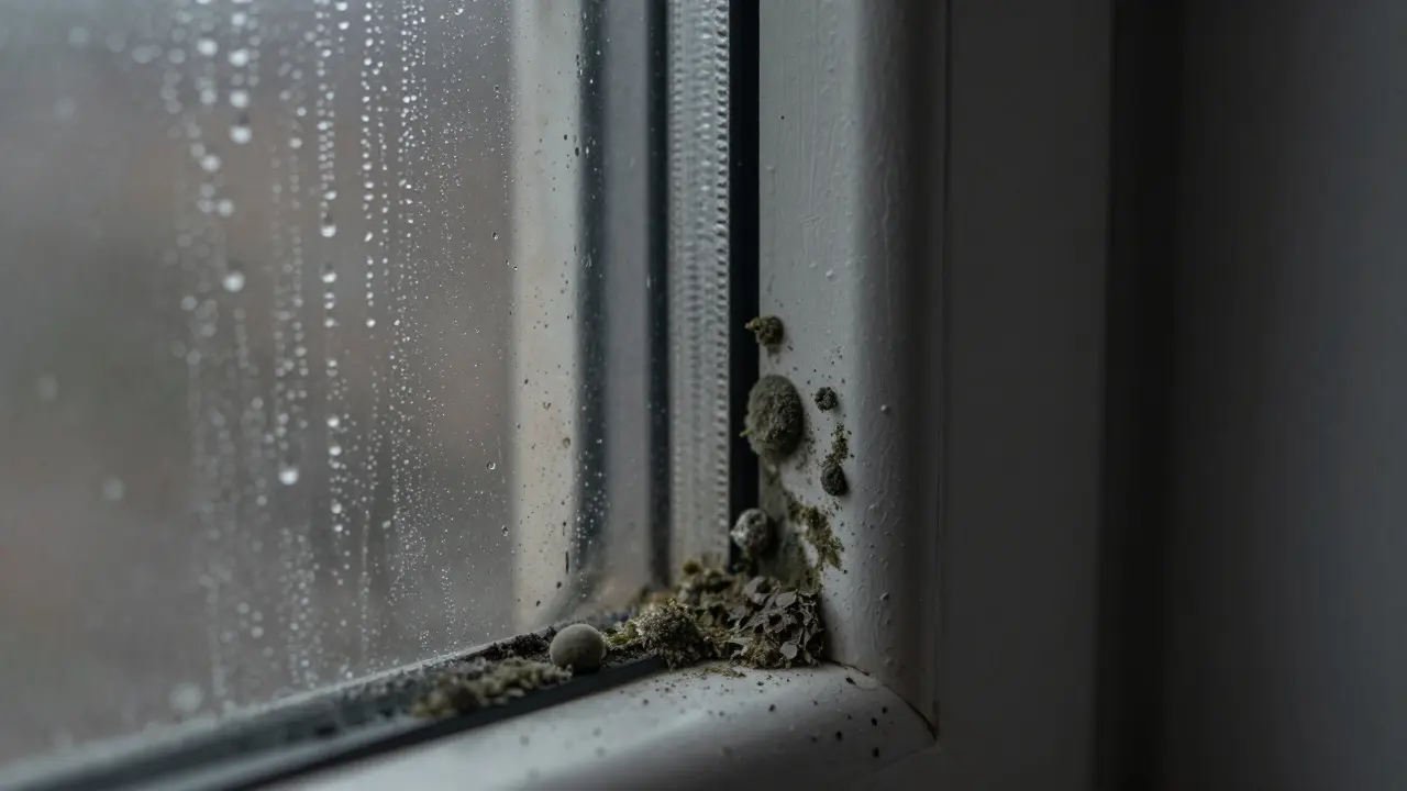 Schimmelflecken an der Wand und Kondenswasser am Fenster bei hoher Luftfeuchtigkeit