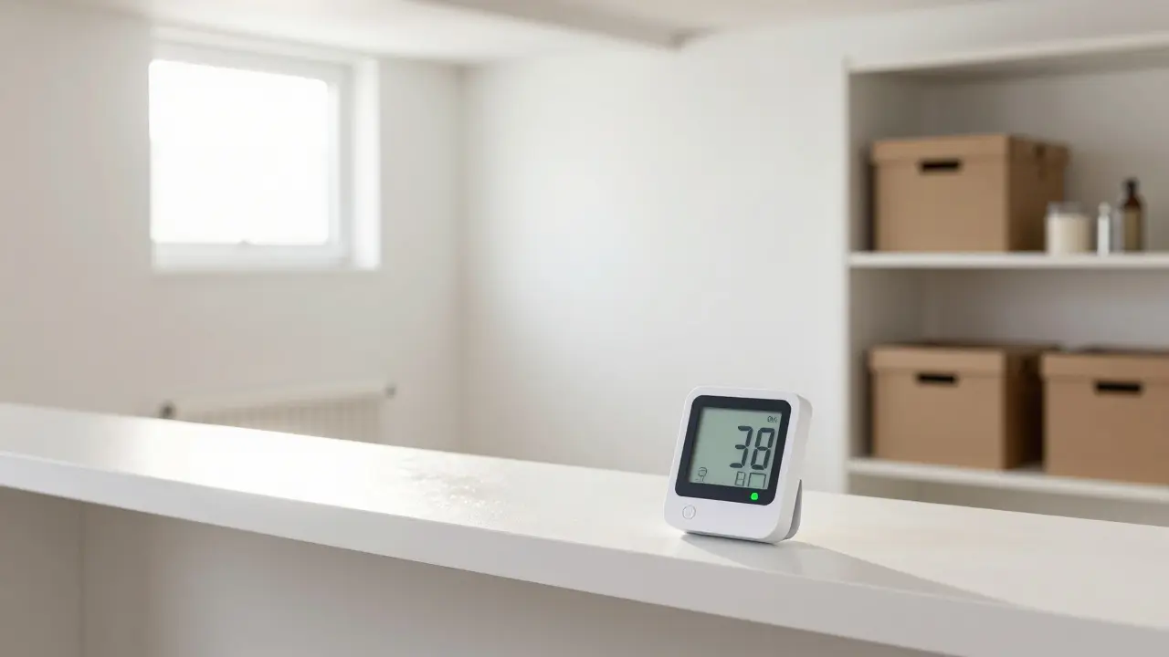 Trockener, sauberer Keller mit Smart-Hygrometer zur Luftfeuchtigkeitsüberwachung