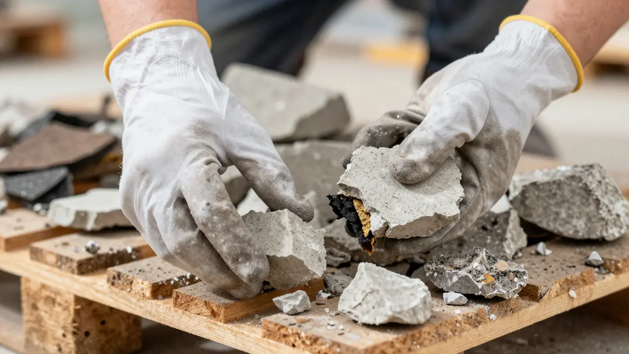 Arbeiter trennen gefährliche von ungefährlichen Bauabfällen auf Palette