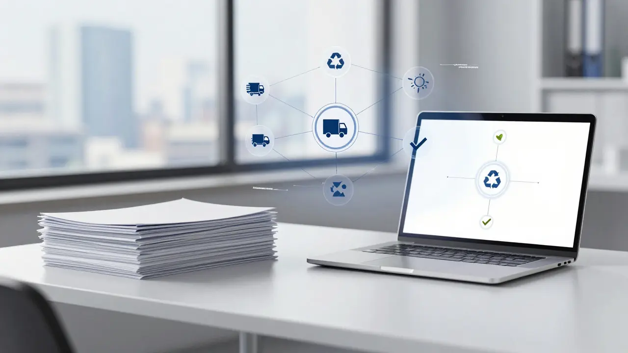 Büroszene mit Dokumenten und Laptop zur Darstellung von Compliance