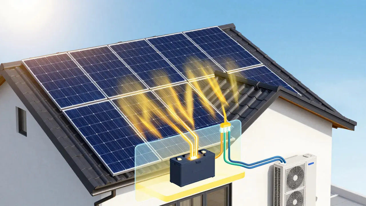 Dach mit Solarpanelen und schematischer Darstellung der Energieflüsse ins Haus