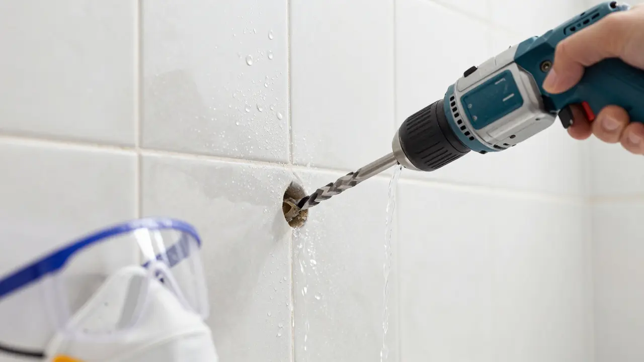 Diamantbohrer bohrt mit Wasserkühlung ein Loch in eine Fliese