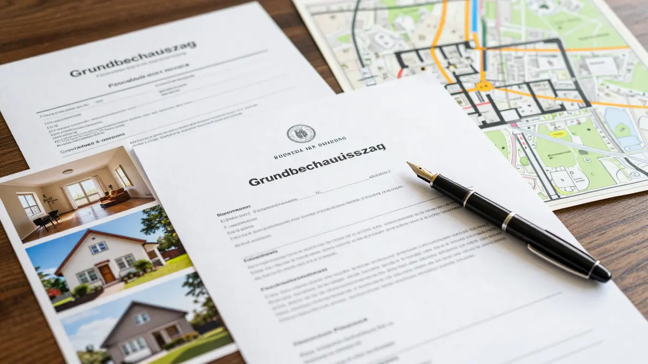 Dokumente und Fotos für eine Immobilienbewertung auf dem Tisch