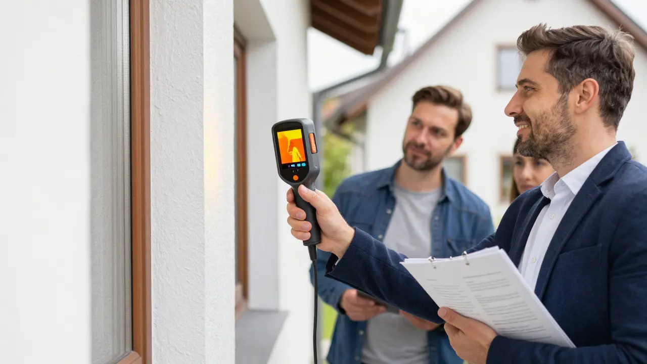 Energieberater prüft mit Wärmebildkamera die Fassade eines Einfamilienhauses
