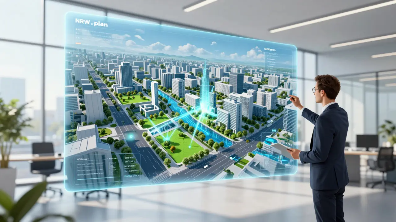 Futuristische Büroszene mit Hologramm-Stadtmodell zur digitalen Planungsoptimierung.