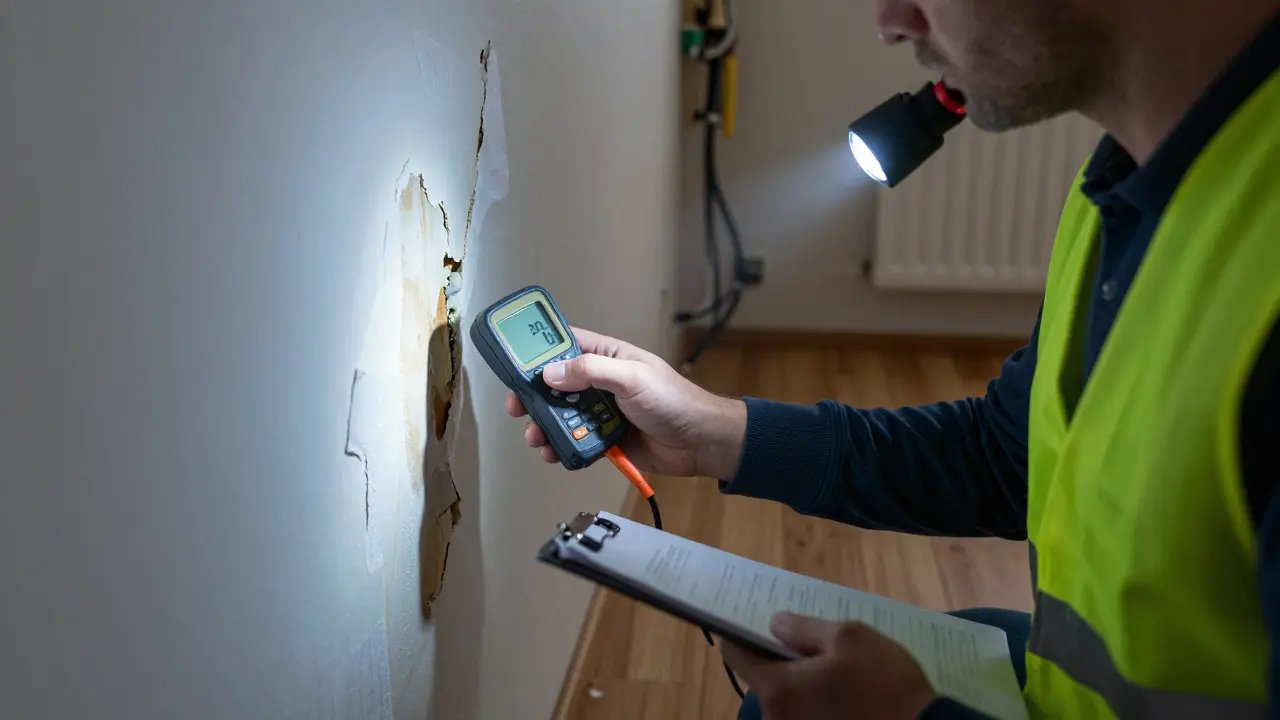 Gutachter prüft Feuchtigkeit in einer alten Wohnungswand