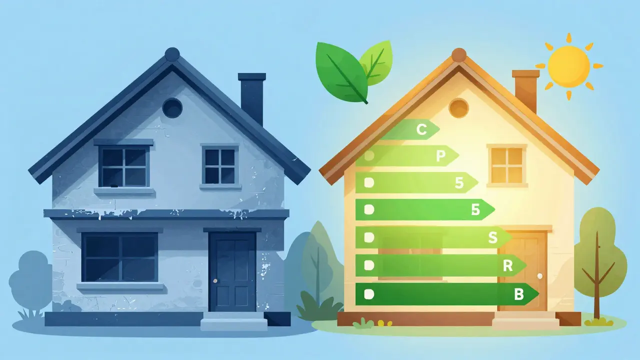 Illustration zeigt Energieeinsparung und CO2-Reduktion bei Hausrenovierung