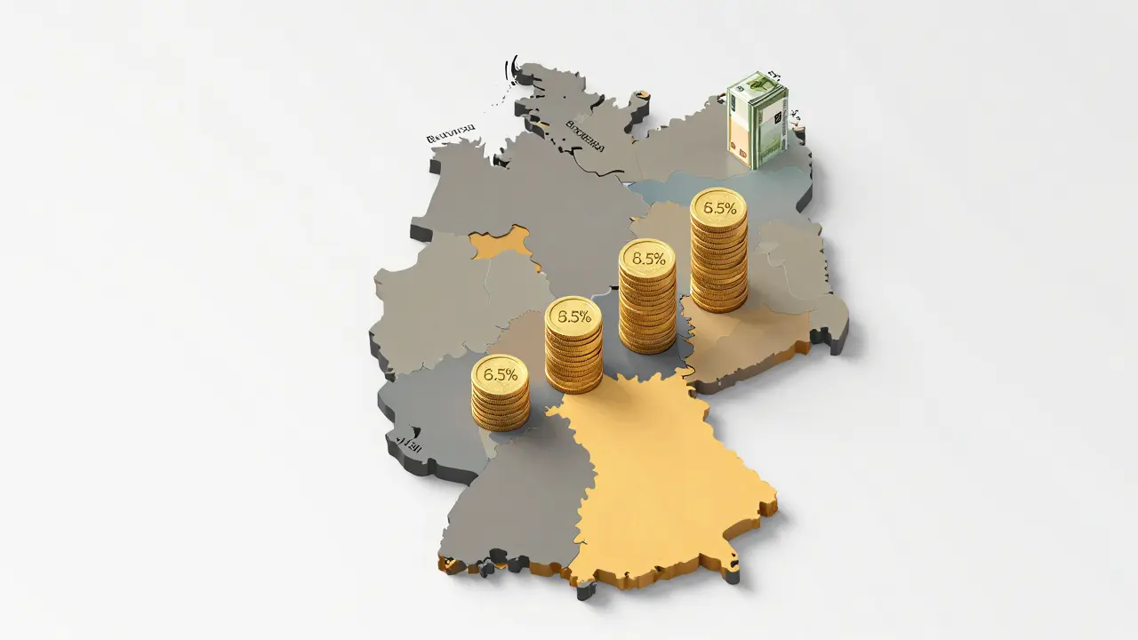 Karte Deutschlands mit unterschiedlichen Münzstapeln für Steuersätze