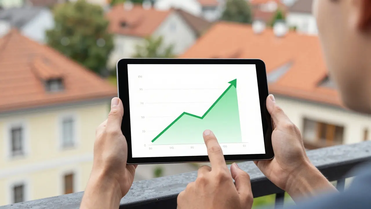 Person betrachtet Energiespar-Statistiken auf einem Tablet auf dem Balkon