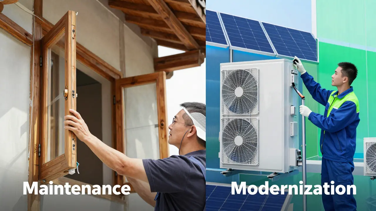 Vergleich von Instandhaltung und Modernisierung an einem Haus