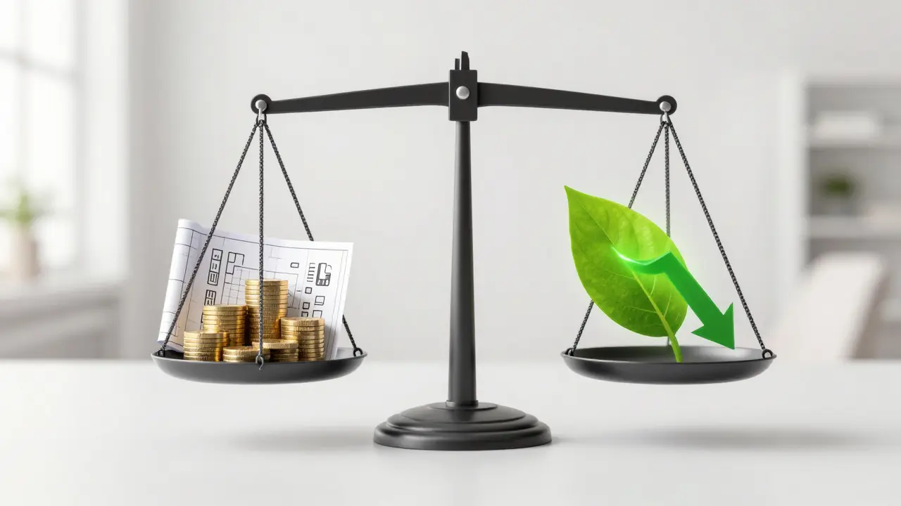 Waage mit Geld und Energieeinsparung-Symbolen