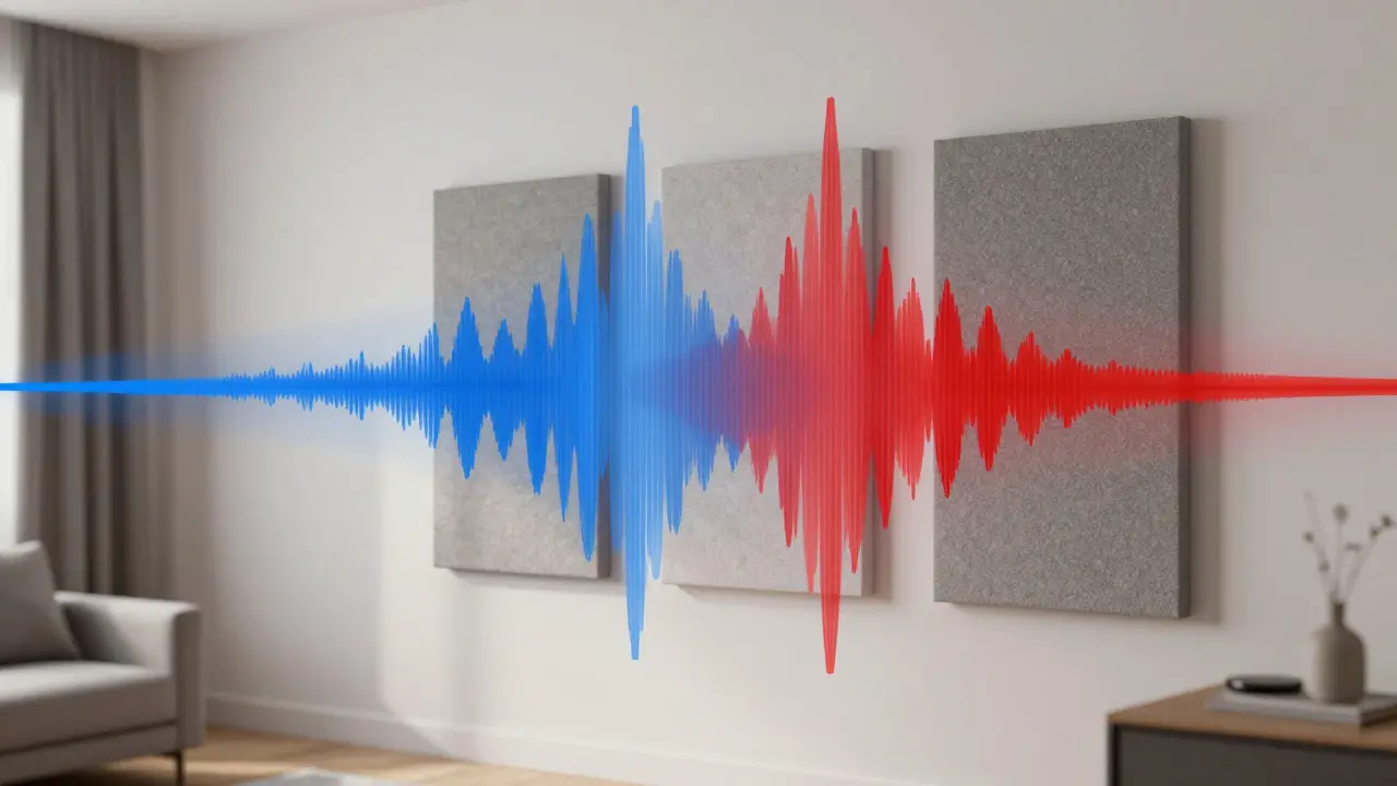 Abstrakte Darstellung von Schallwellen, die von Akustikpaneelen absorbiert werden