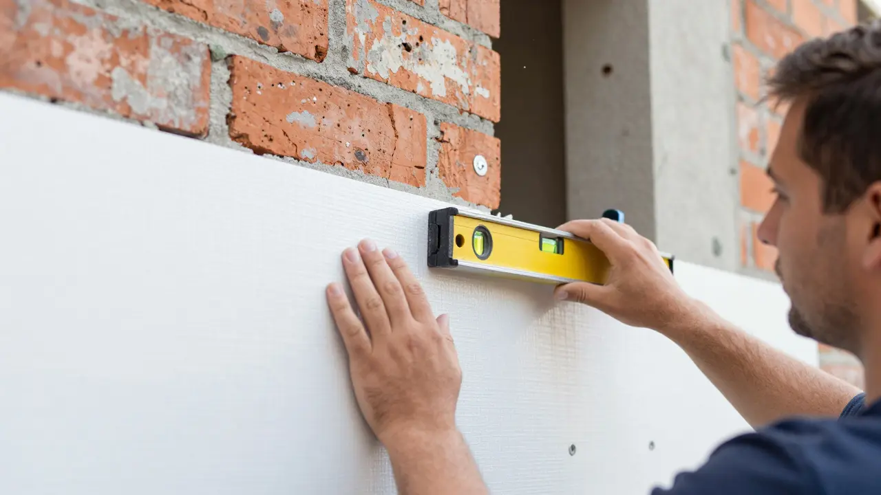 Arbeiter montieren Dämmplatten an einer Fassade
