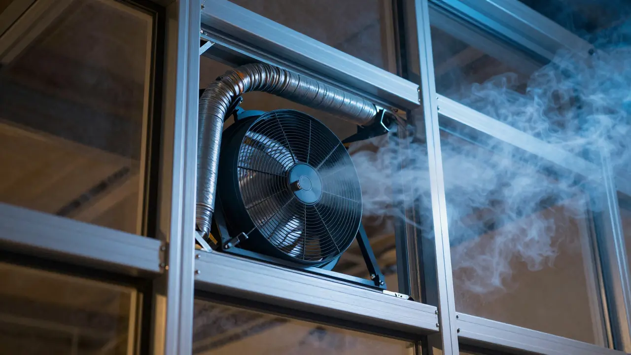 Blower-Door-Test zeigt Luftleckagen am Fenster mit Rauchvisualisierung
