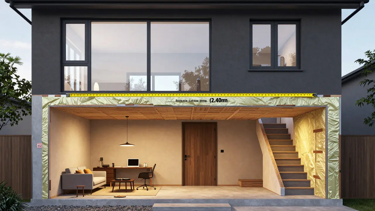 Cross-section of basement renovation with light wells and insulation