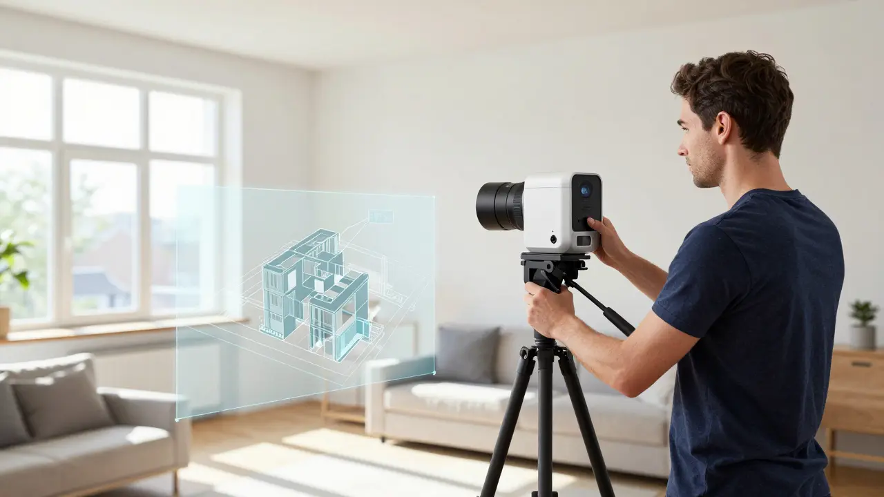 Fotograf erstellt eine 3D-Tour einer modernen Wohnung
